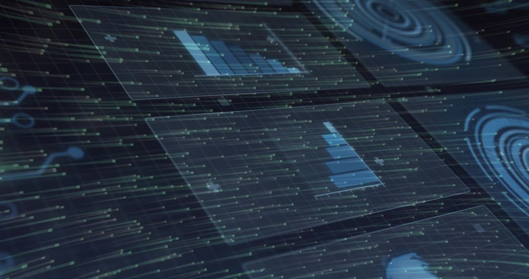 Translucent Holographic Dashboard Showing Blue Bar Charts and Grid Analytics