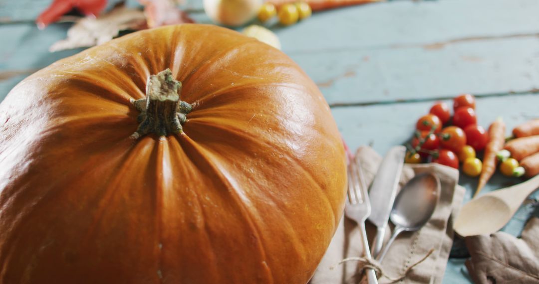 Large Pumpkin on Vintage Table with Harvest Vegetables and Utensils - Free Images, Stock Photos and Pictures on Pikwizard.com