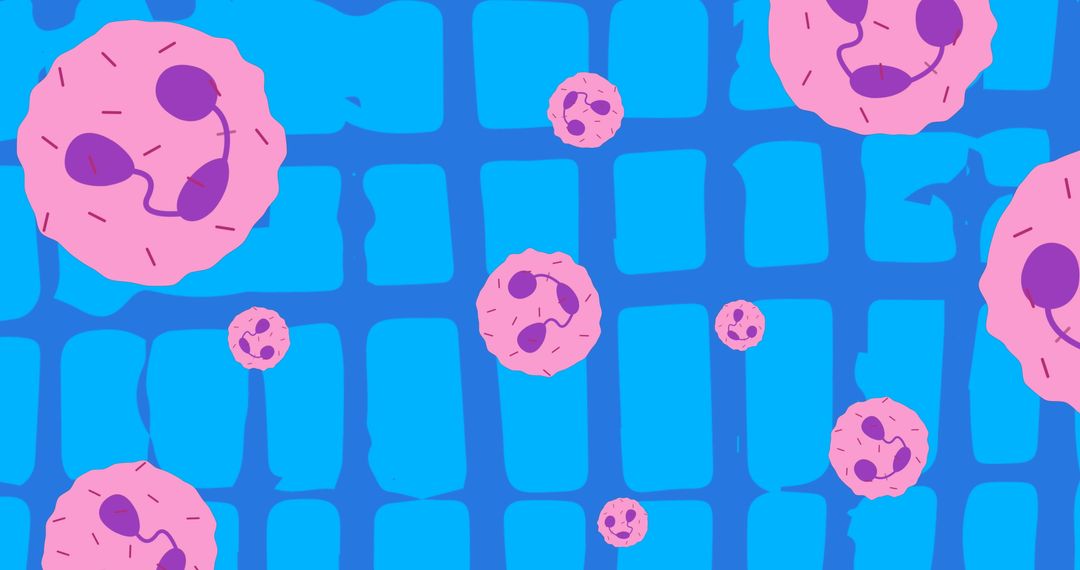 Abstract Pink Cells Movement on Blue Grid Background