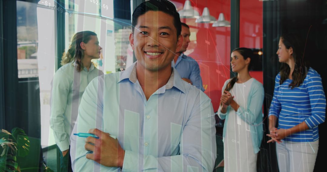 Smiling Businessman with Team and Data Overlay