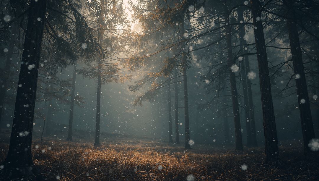 Misty Pine Forest with Sunbeams and Snowfall Over Golden Grasses, Atmospheric Woods