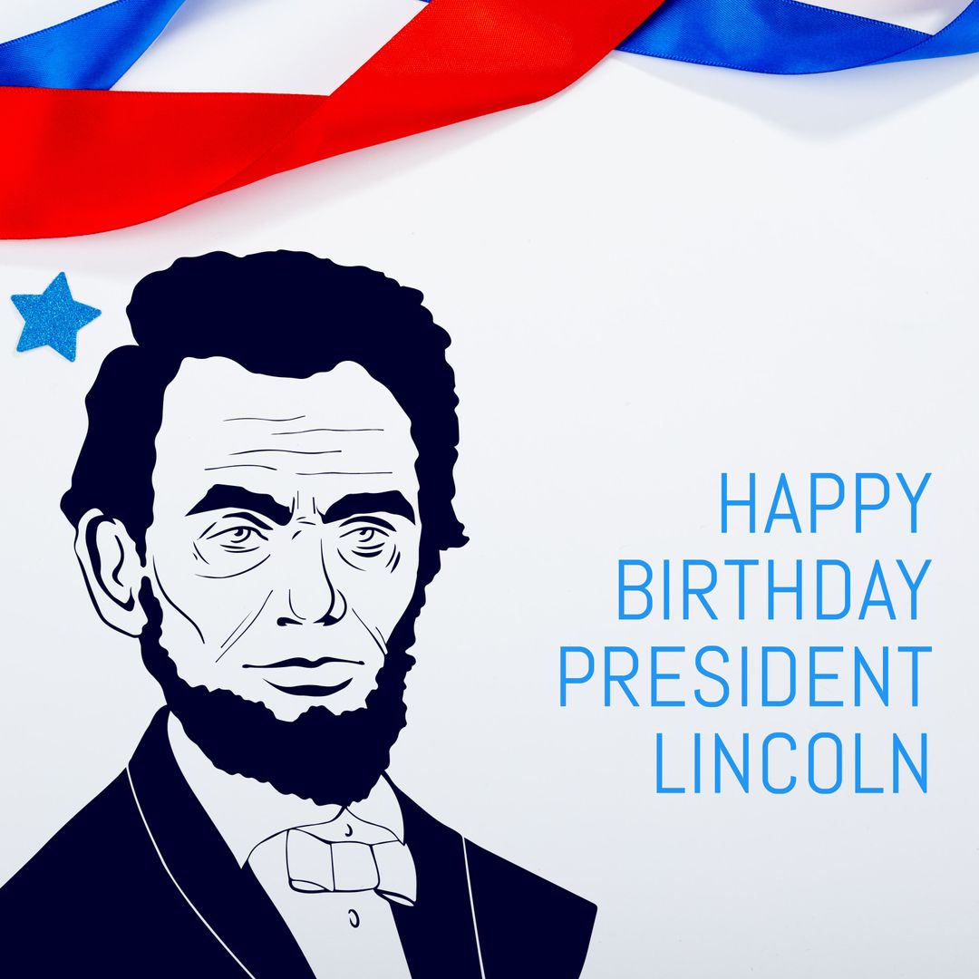 Stylized Abraham Lincoln Portrait with Birthday Greeting and Red-Blue Ribbon - Download Free Stock Templates Pikwizard.com