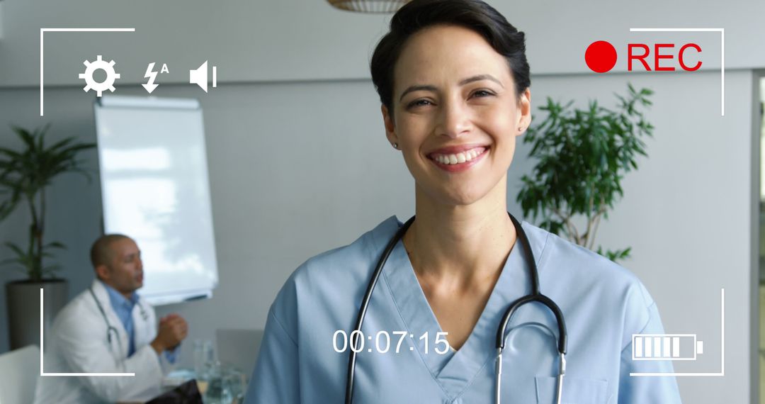 Smiling Female Doctor Recording Medical Training Video - Free Images, Stock Photos and Pictures on Pikwizard.com