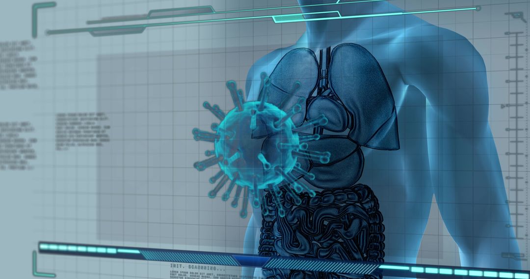 Virus Cells Interacting with Human Body Model in Digital Display