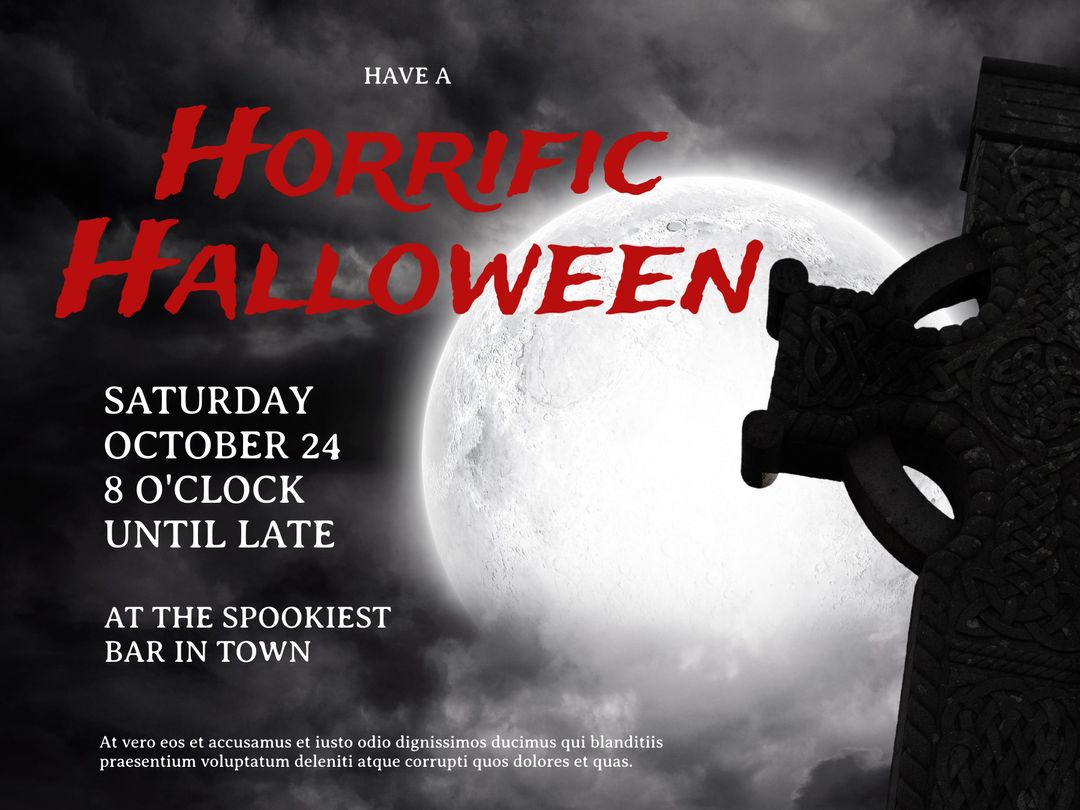 Horrific Halloween Party Invitation with Full Moon and Gothic Cross