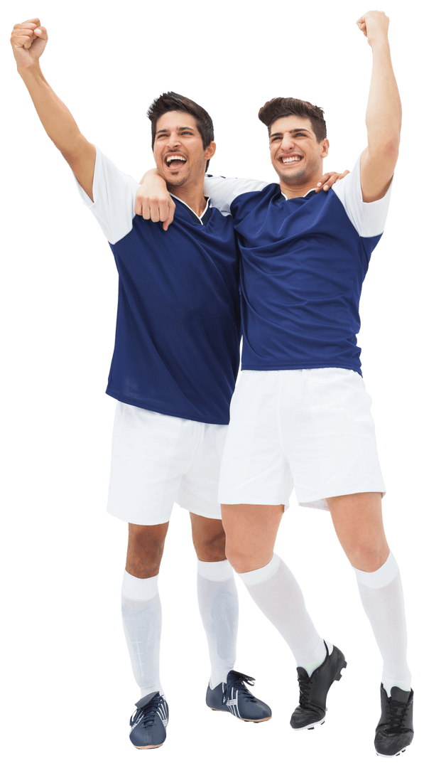 Two Soccer Players Celebrating Victory in Transparent Uniforms