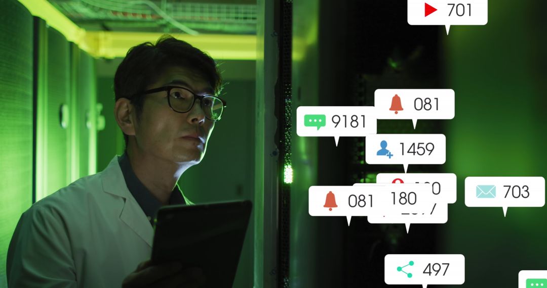 Engineer Analyzing Social Media Analytics in Server Room