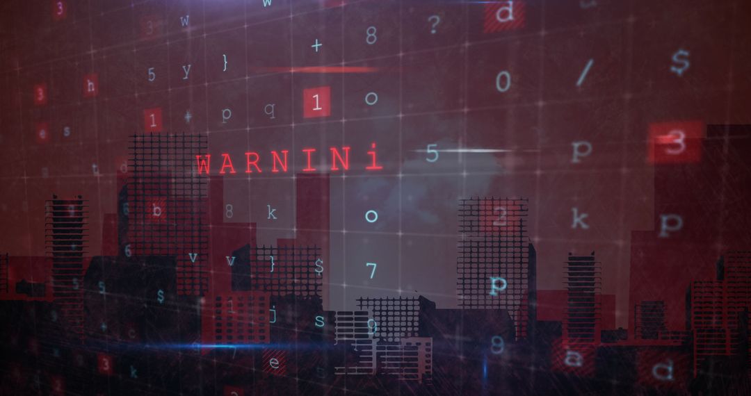 Abstract Binary Matrix Overlaying City at Night with Cyber Threat Alert