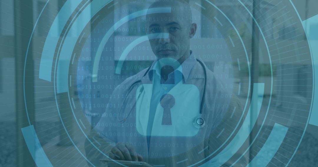 Doctor Analyzing Data on Tablet with Digital Security Interface