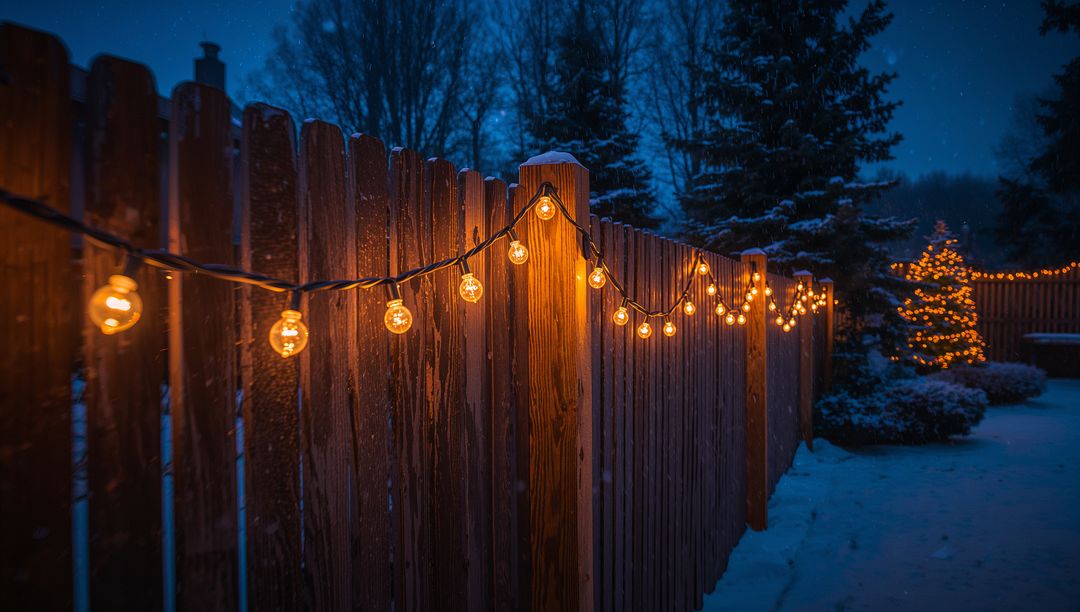 Glowing Globe String Lights Draping Snowy Wooden Fence with Warm Amber Glow, Cozy Winter Night