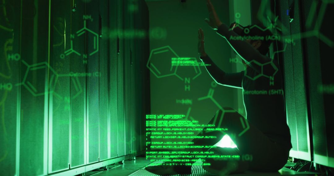 Caucasian Man Using VR in Server Room with Digital Overlays