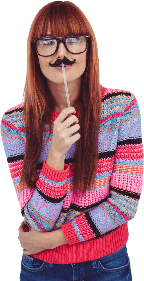 Playful Redhead Woman With Mustache Prop Transparent Background