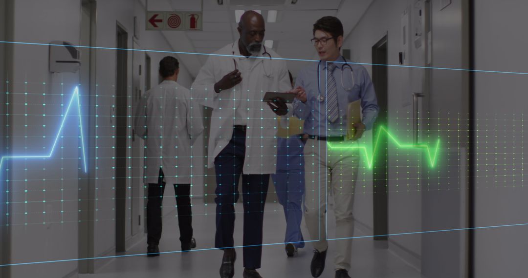 Doctors Discussing Healthcare in Hospital Corridor with Heart Monitor Overlay