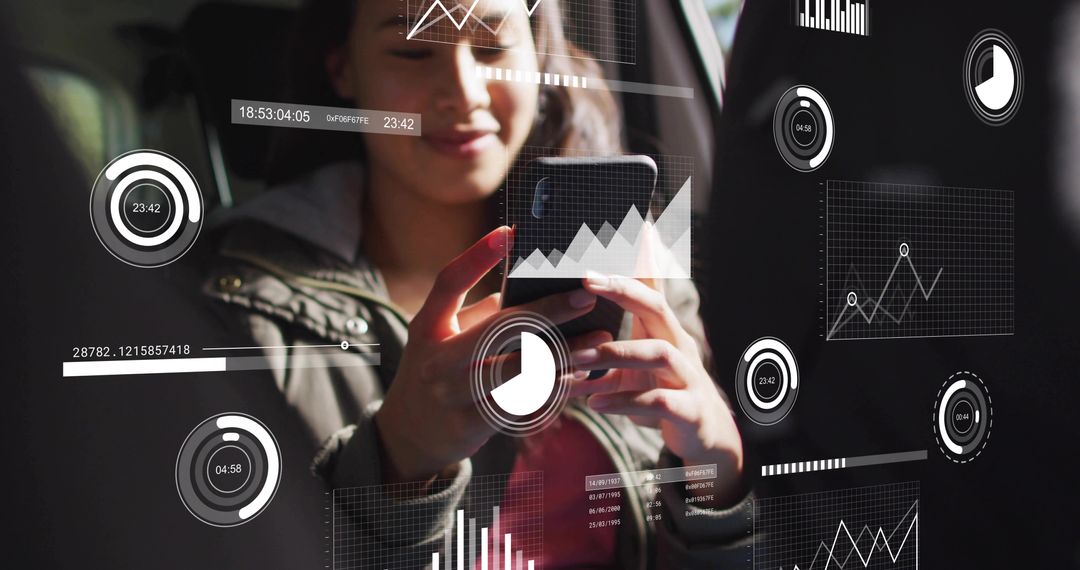 Passenger Using Smartphone with Augmented Reality Analytics in Rear Car Seat, Futuristic HUD