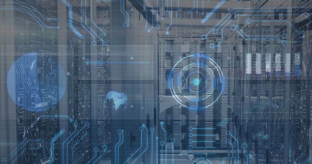 Futuristic Data Center with Circuit Overlay and HUD Displays