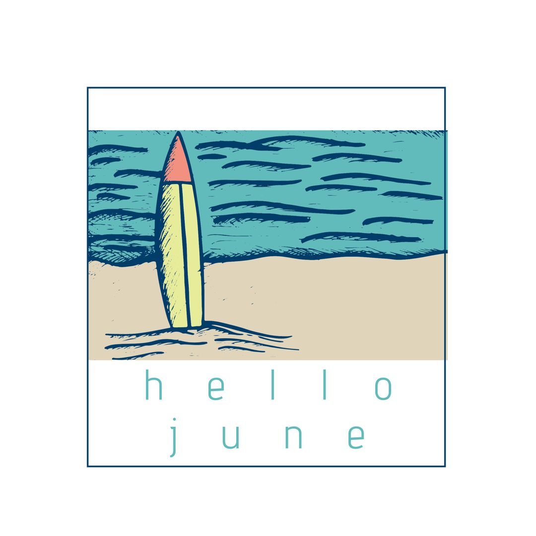 Summer Surfboard Beach illustration with Hello June Typography