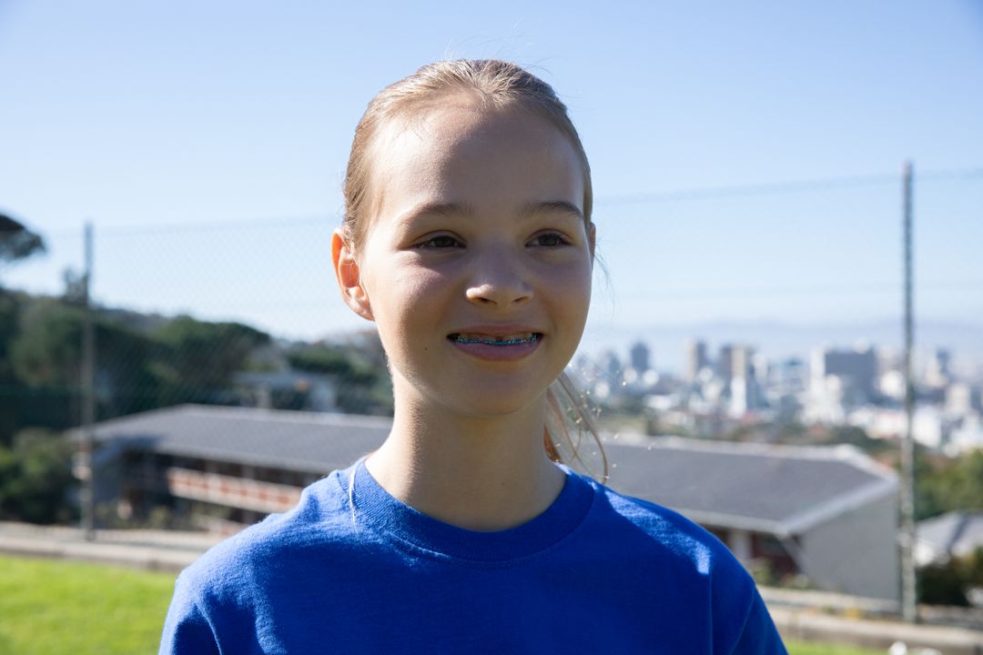 Cheerful Girl in Blue T-Shirt Smiling Outdoors