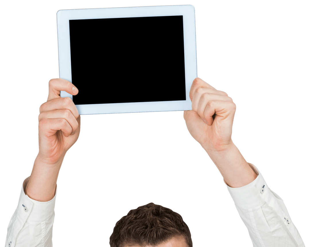 Businessman Holding Tablet Over Head with Transparent Background