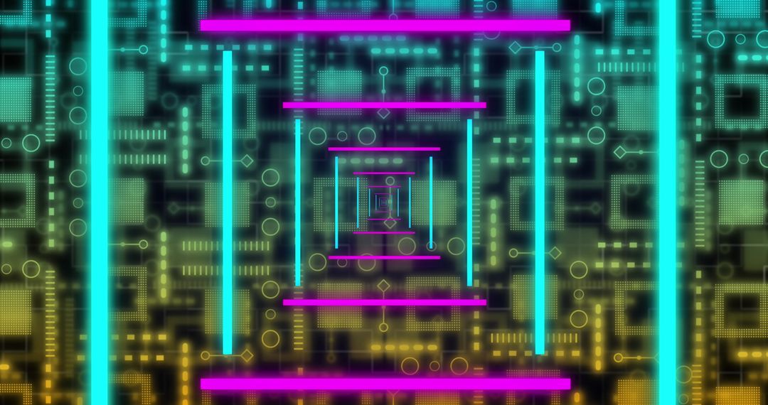 Neon Digital Tunnel and Circuit Board Futuristic Concept