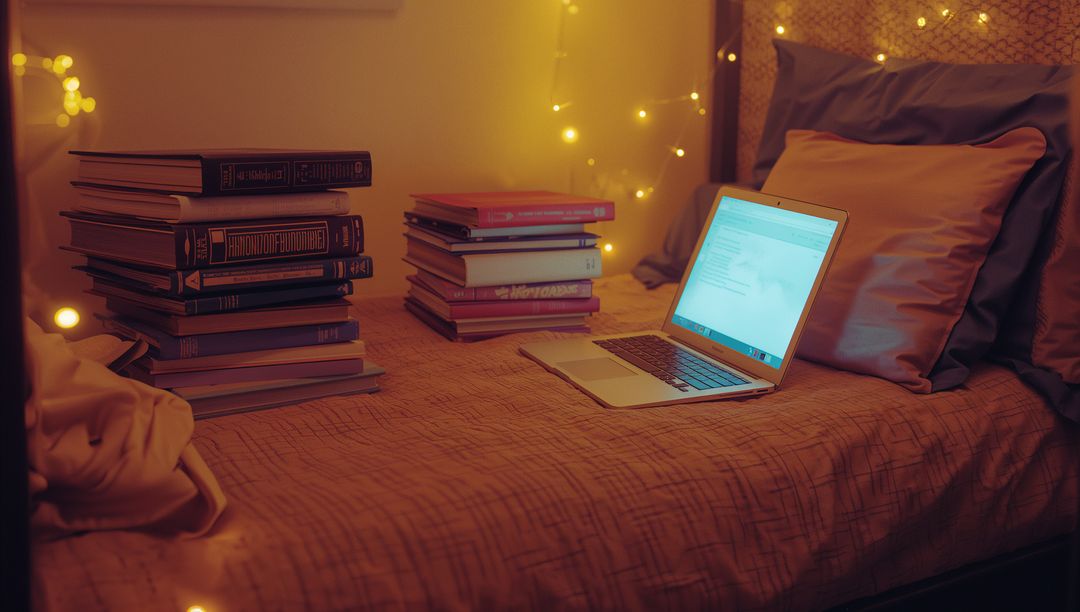 Cozy Study Space with Open Laptop and Books Achieving Ambient Atmosphere