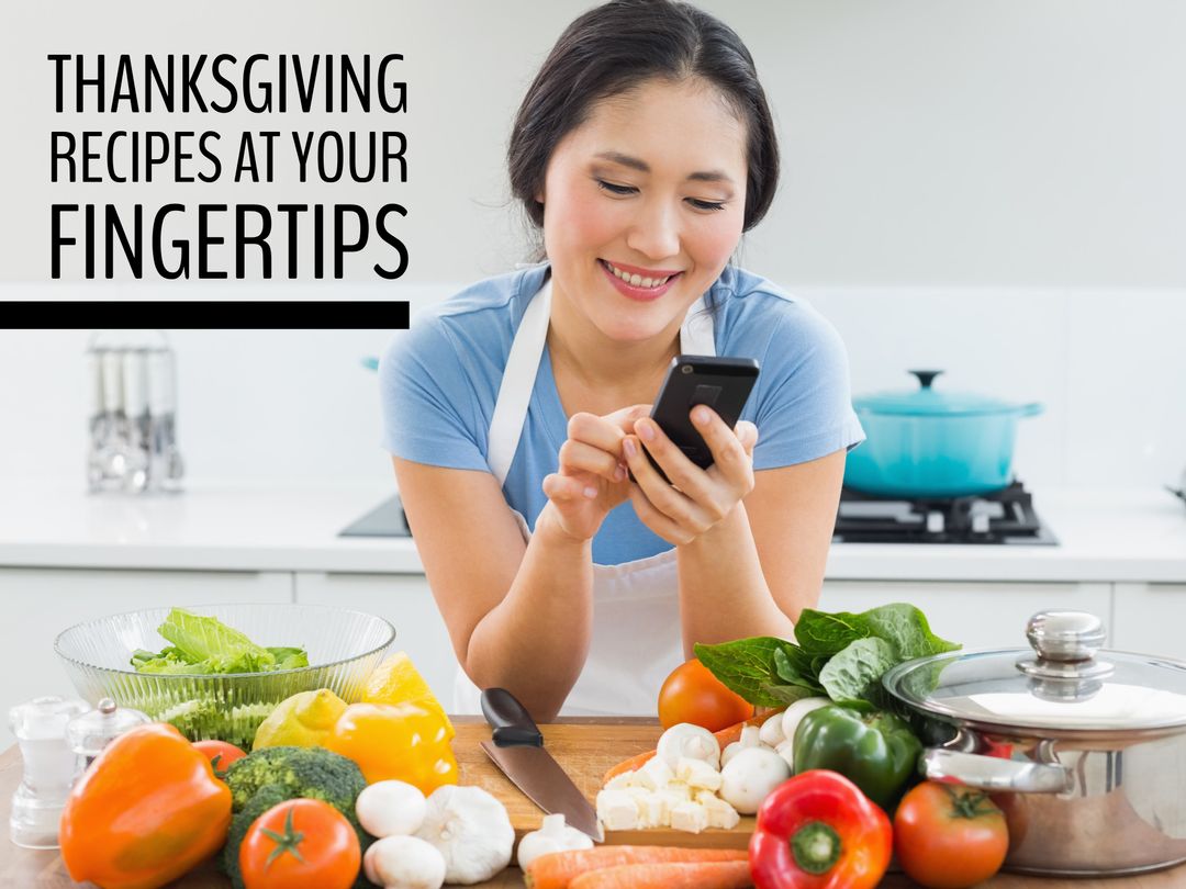 Woman Browsing Thanksgiving Recipes on Smartphone in Modern Kitchen - Download Free Stock Templates Pikwizard.com