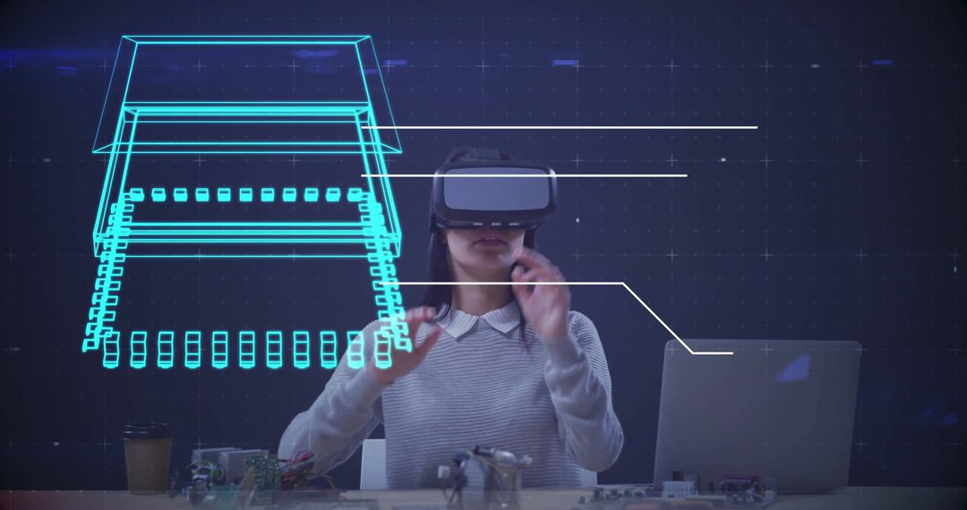 Woman Engaging with Virtual Reality Technology in Futuristic Workspace