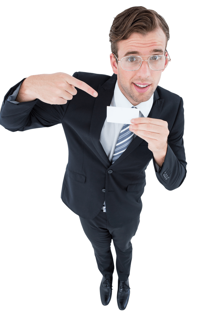 Transparent Businessman Presenting White Card Upward Angle