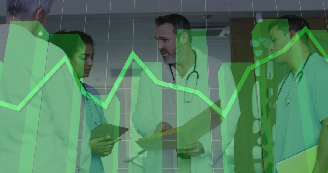 Medical Team Reviewing Data With Chart Overlay in Hospital Corridor