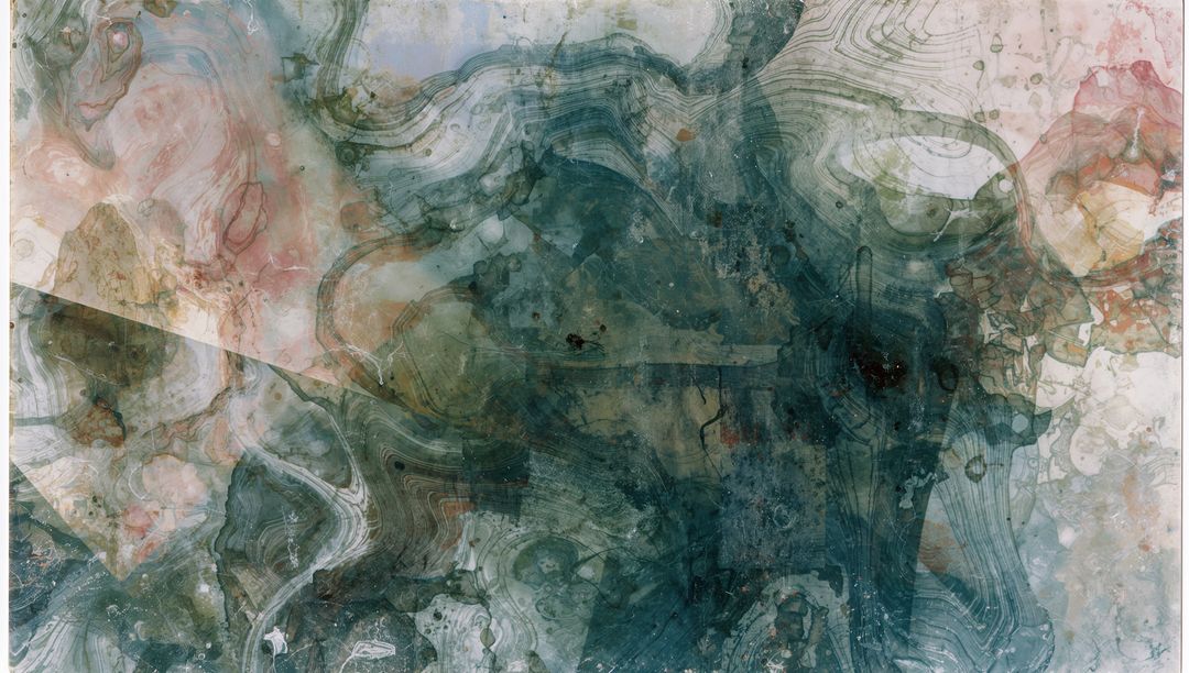 Swirling Oceanic Marbling with Triangular Overlay, Muted Teal Blush Watercolor Veins