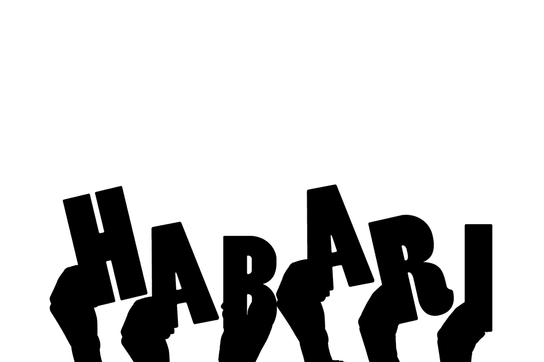 Stylized Transparent Text 'Habari' with Artistic Hand Graphics