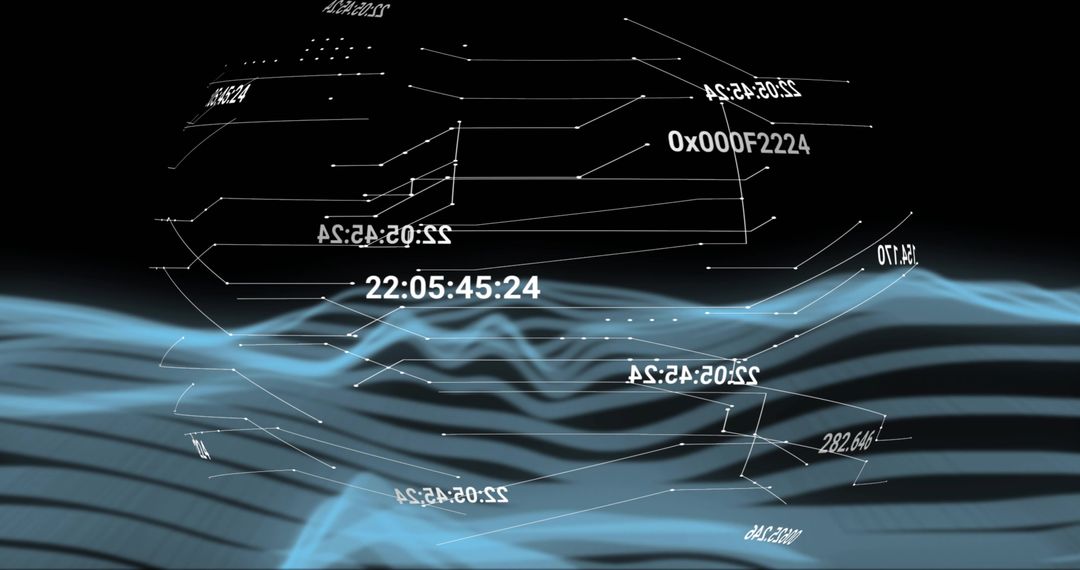 Flowing blue data waveform with wireframe nodes and scrolling numeric HUD elements