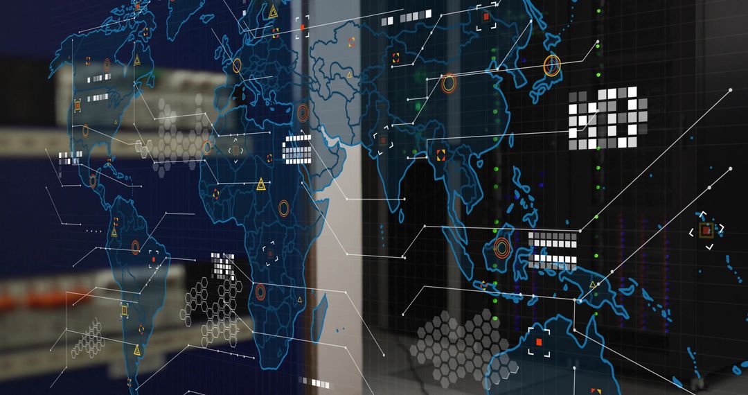 World Map with Data Points and Global Network Connections