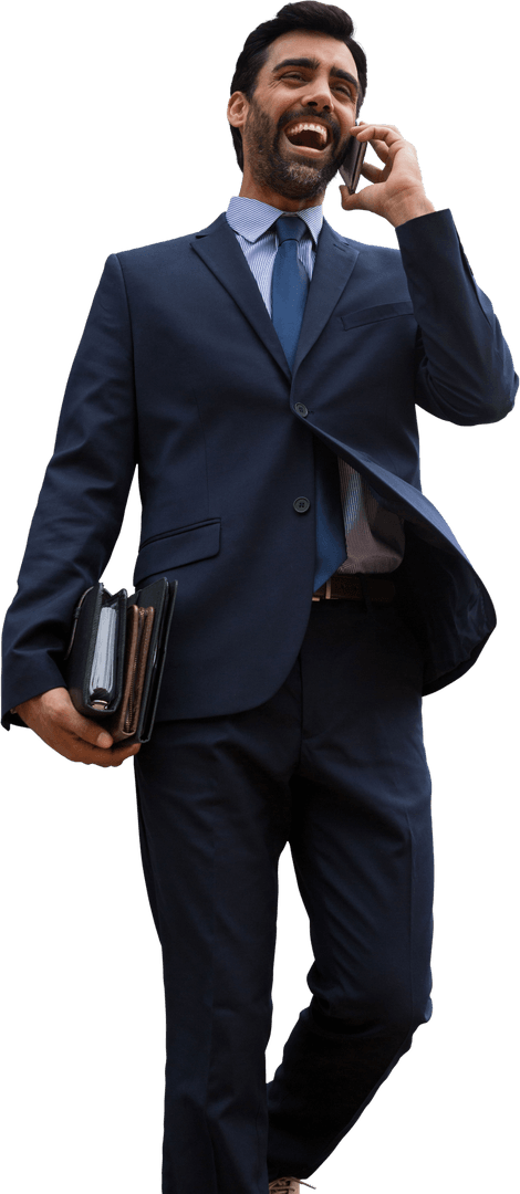 Transparent Businessman Laughing and Walking on Phone Call