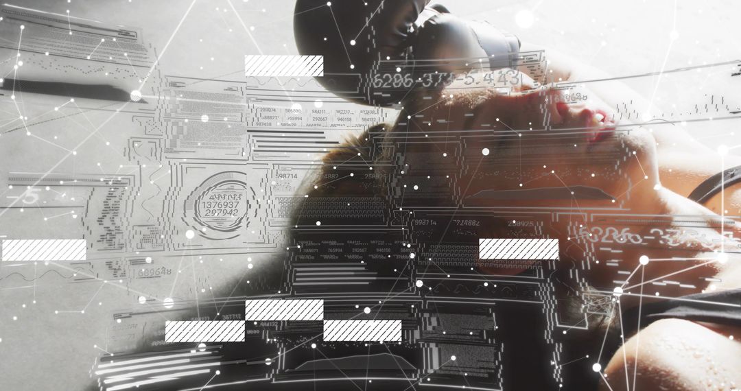 Reclining woman wearing headset with circuit-board overlay, futuristic digital relaxation concept