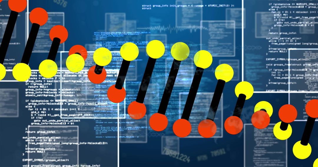 Glowing DNA Strand with Data Processing Background