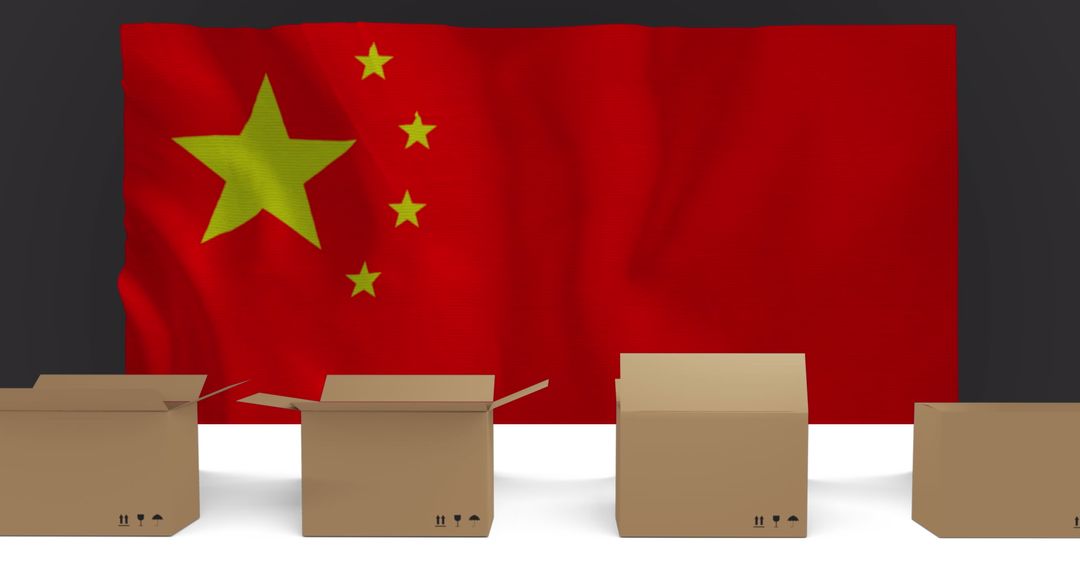 Cardboard Boxes on Conveyor Over Chinese Flag Symbolizing Global Trade