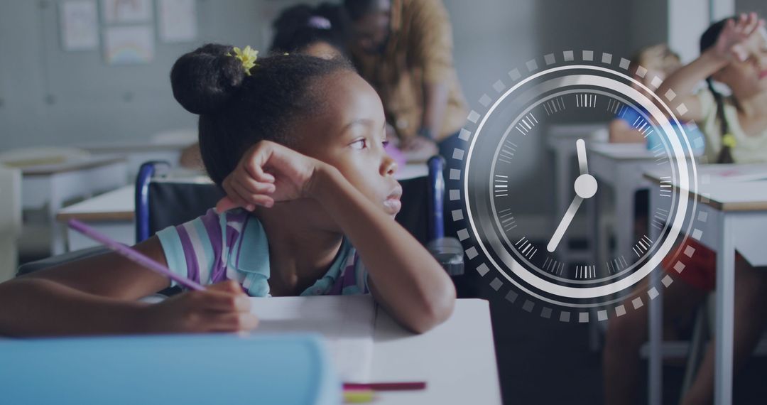 Schoolgirl Daydreaming with Clock Overlay in Classroom
