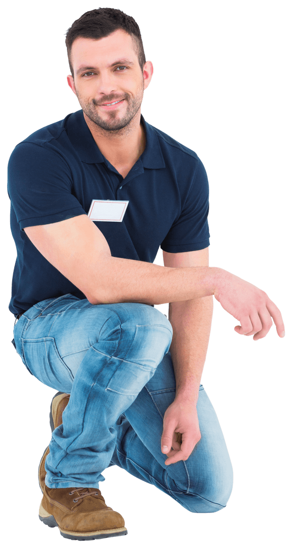 Transparent Image of Happy Kneeling Man in Casual Outfit