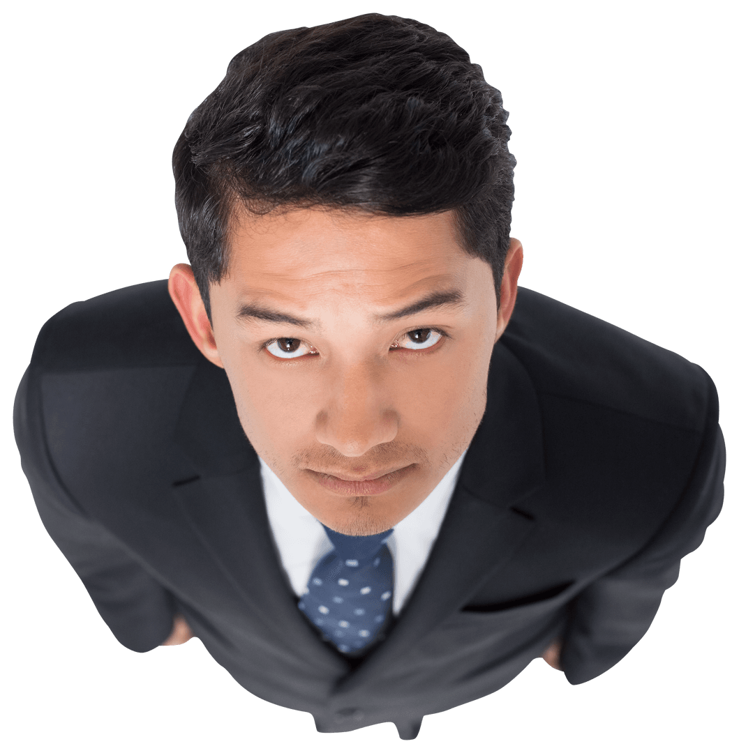 Confident Asian Businessman Looking Up on Transparent Background
