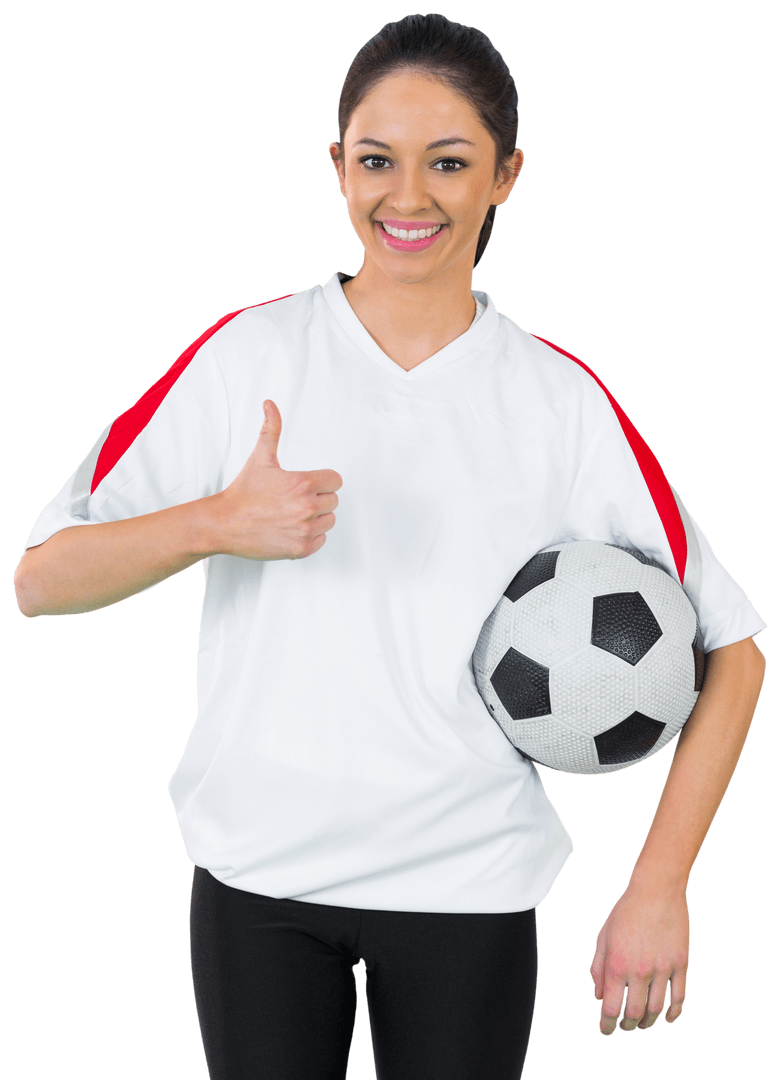 Smiling Soccer Fan Giving Thumbs Up with Ball Transparent Background