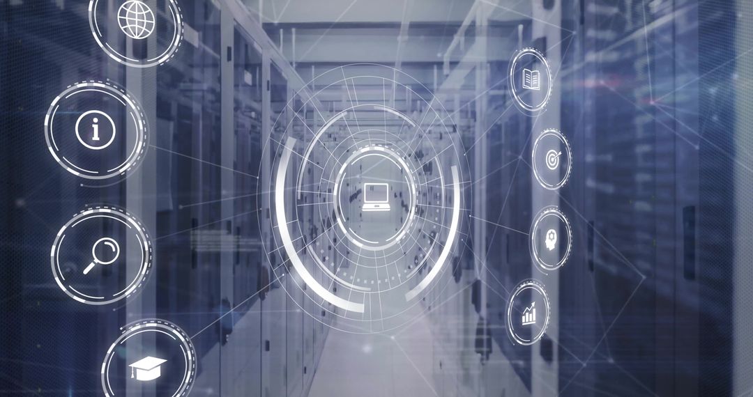 Digital Network with Data Processing and Connectivity Icons