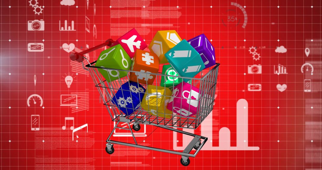 Digital Cube Icons in Shopping Cart with Data Interface Background