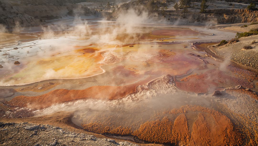 Vibrant Geothermal Pool Steam with Mineral Terraces