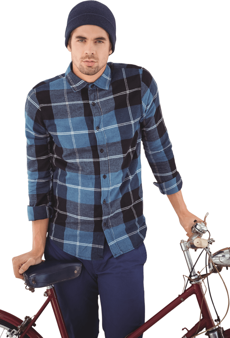 Transparent Hipster Man with Bicycle and Blue Plaid Shirt