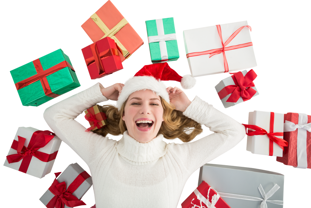 Joyful Woman Surrounded by Holiday Gifts on Transparent Background - Download Free Stock Images Pikwizard.com