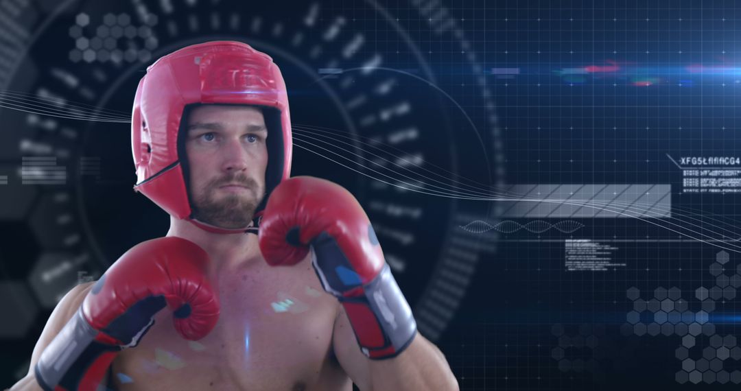 Determined Boxer in Red Headgear and Gloves with Futuristic Background - Free Images, Stock Photos and Pictures on Pikwizard.com