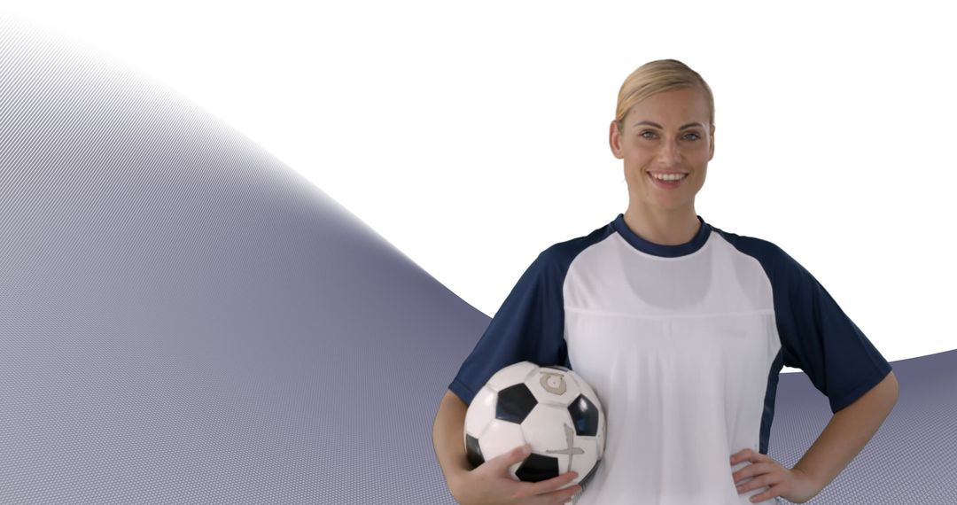 Confident Female Soccer Player Holding Ball with Dynamic Abstract Background