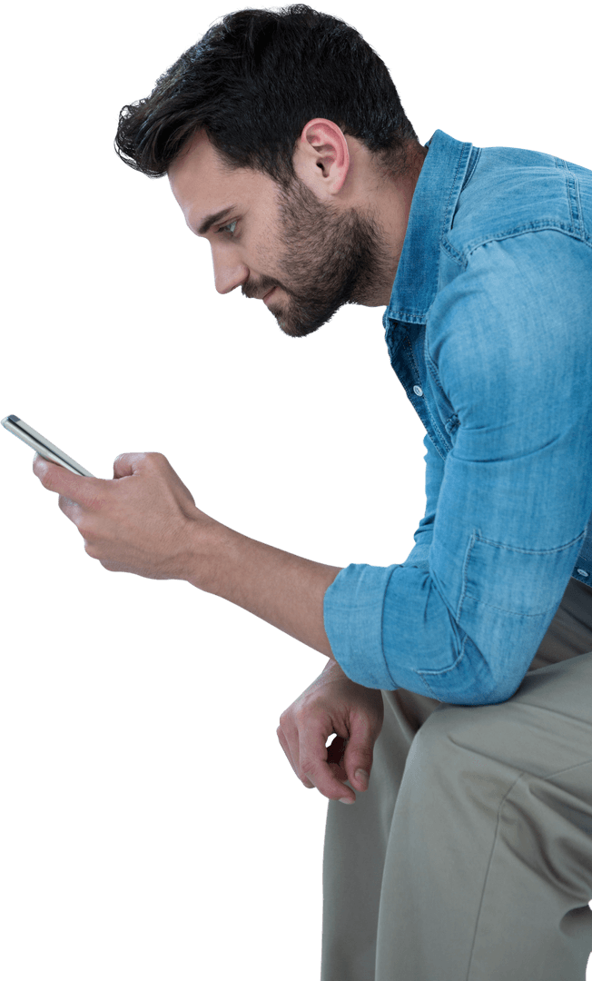 Transparent Backdrop Man Engaging with Mobile Phone Side Profile