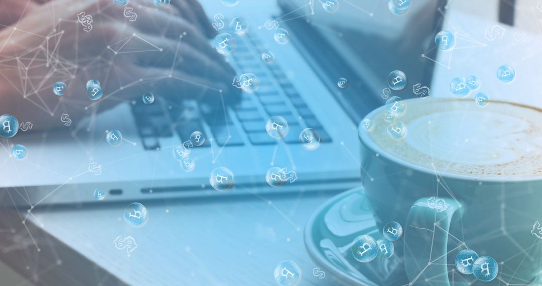 Digital Workspace with Laptop and Coffee Overlaying Technology Icons
