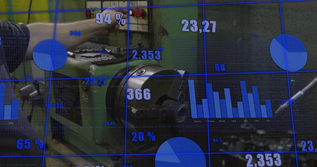 Man Operating Lathe Machine with Overlayed Digital Analytics